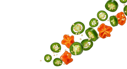 Vibrant sliced green and orange peppers scattered diagonally on a black background