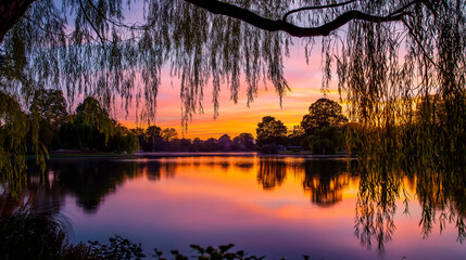 willow. Tranquil lakeside scene with weeping willow and pastel sky mirrored in calm waters. travel magazines, destination branding, designed for outdoor magazines and nature guides.