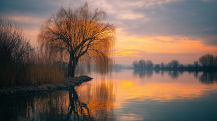 willow. Tranquil lakeside scene with weeping willow and pastel sky mirrored in calm waters. travel magazines, destination branding, designed for outdoor magazines and nature guides.