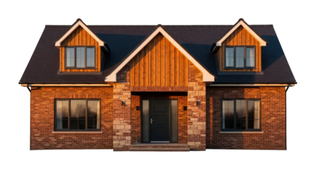 Warmly lit modern brick house, stone and wood accents, dark roof, front view, isolated