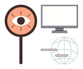 Magnifier with an eye signifies focus or observation, accompanied by a computer monitor and digital globe outline with loading bars. Ideal for technology, research, internet, data analysis, global