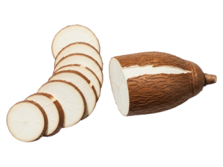 Whole and sliced fresh brown-skinned cassava root with white interior on a black background