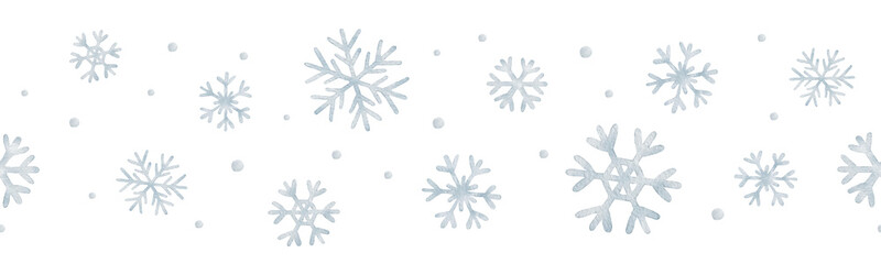 Seamless watercolor border with blue snowflakes, Christmas background.