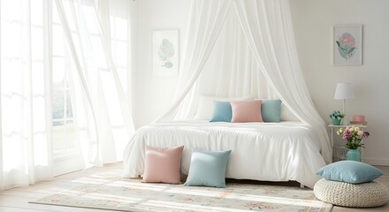 Obraz premium Cozy bedroom with bed, pillows, and natural light