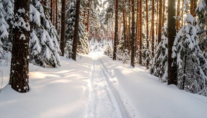 Winter forest scene with ski tracks leading into the distance, with snow covering trees and ground, lit by sunlight
