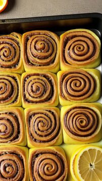 Freshly baked cinnamon rolls cooling in tray with sliced citrus decoration