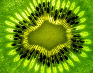 Macro shot of kiwi seed structure, juicy green pulp, crystal clarity 