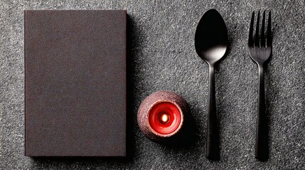 Elegant dining setting with textured menu, flickering candle, and sleek black fork and spoon on dark stone surface, perfect for upscale restaurant promotion or culinary inspiration.