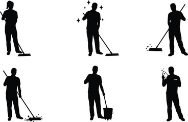 Cleaning worker silhouettes, housekeeping tasks, hygiene maintenance, sweeping, mopping, scrubbing, sanitation, janitorial work, cleanliness concept, domestic chores, workplace cleaning illustration