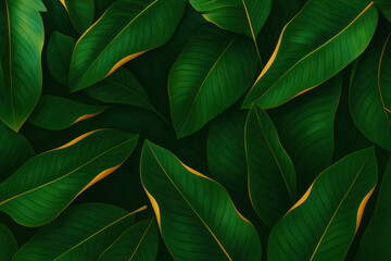 Naklejka premium Tropical Green Leaves Pattern with Golden Veins