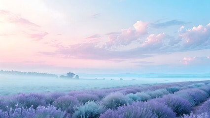 Lavender field under a pastel sky with soft clouds and a misty horizon at dawn or dusk scenery