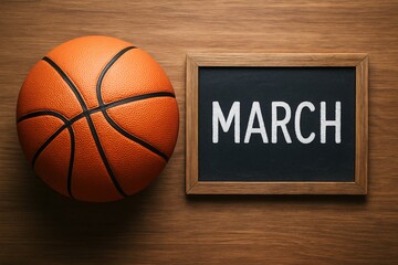 Fototapeta premium Top view of a basketball and chalkboard with March text on a wooden surface