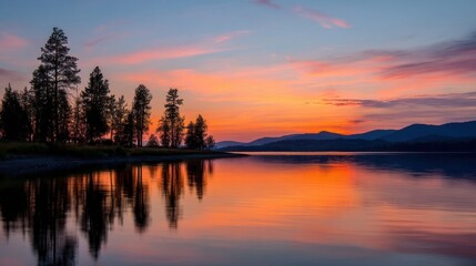 Fototapeta premium A tranquil evening scene of a large lake with calm waters reflecting the soft hues of the sunset,
