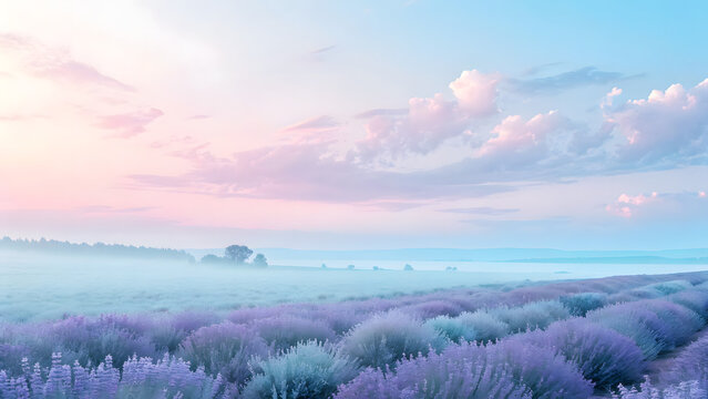Lavender field under a pastel sky with soft clouds and a misty horizon at dawn or dusk scenery