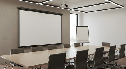 Stylish modern conference room with projector screen offers a professional space for collaboration and presentations, ideal for corporate meetings