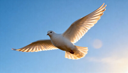 Obraz premium White dove in mid flight spreading wings wide against clear blue sky with sunlight illuminating feathers in golden hues