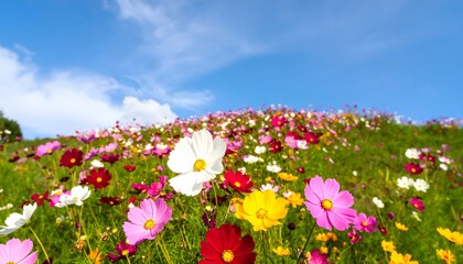 colorful beautiful flowers in the field with blue clear sky