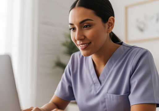 Smiling healthcare professional in scrubs working on a laptop in a bright, modern office environment with natural lighting