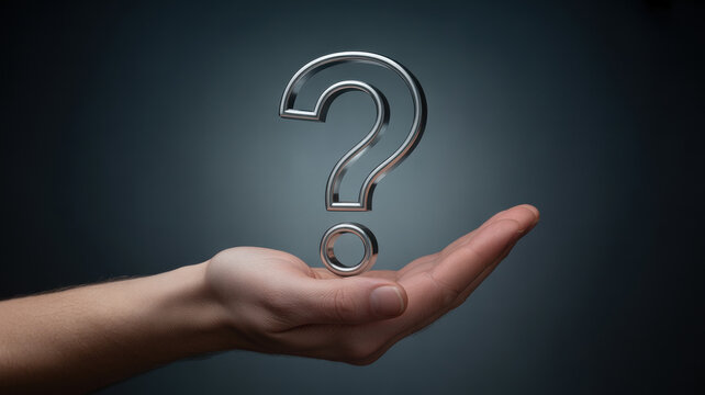 Open human hand presenting a metallic question mark symbolizing curiosity, uncertainty, innovation, and decision making in business context