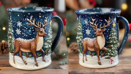Festive Winter Deer Mug with Snowflakes and Christmas Trees.