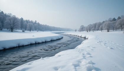 A quiet river cutting through a snow-covered landscape