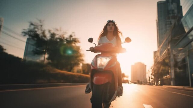 Young woman riding a scooter during sunset in an urban environment, showcasing freedom and adventure
