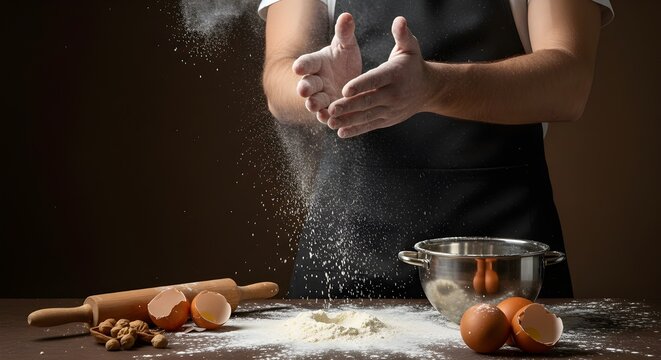 Baking magic happens as flour dances in the air, promising delicious homemade treats with fresh eggs, rolling pin and walnut ready for creating culinary art
