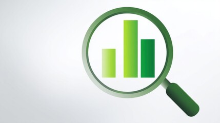 A magnifying glass examines three green bars of varying heights on a white background,