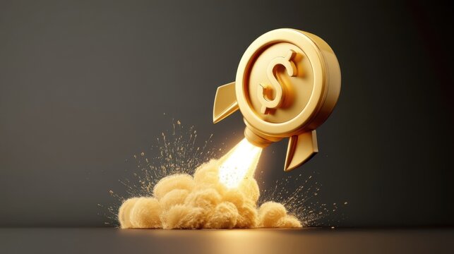 A golden coin with a dollar sign designed as a launching rocket,