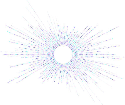 Radiating binary streams form circular data burst. Digital visualization for AI, machine learning or big data processing. Abstract graphic for illustration network, cloud or algorithmic system design