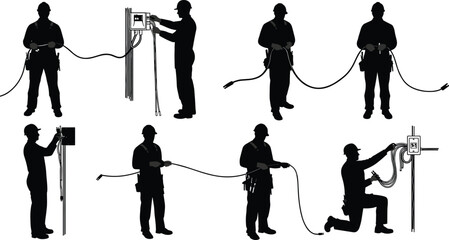 Electrician silhouettes, electrical work, wiring installation, maintenance tasks, safety gear, professional tools, construction labor, power systems, workplace industry, technical service illustration
