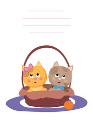 Two cute cartoon kittens, one yellow with a pink bow and one brown with a blue bow tie, sit together in a woven basket on a purple mat with a ball of yarn nearby.