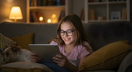 Joyful young girl engrossed in tablet entertainment at home with cozy lamp glow, dog resting nearby
