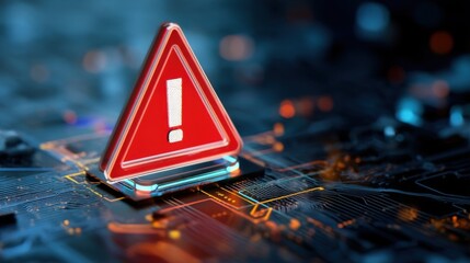A red triangle with exclamation point on electronic circuit board emits orange lights,