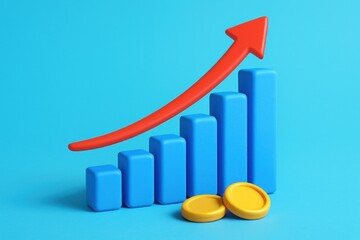 3D blue bar chart with red arrow depicting financial growth, increasing bars, and gold coins
