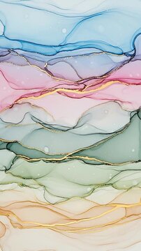 This mesmerizing abstract video features a fluid and organic composition of alcohol ink-style art, characterized by soft, flowing waves of translucent colors. Shades of serene blue, delicate pink, mut