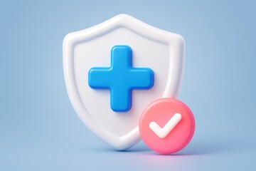 Obraz premium 3D glossy white shield with blue medical cross, pink checkmark, light blue background