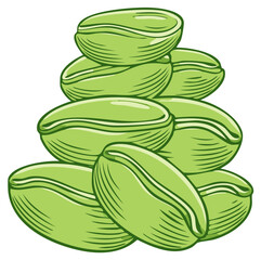 Pile of green pistachio nuts,  stacked in a pyramid shape, cartoon illustration