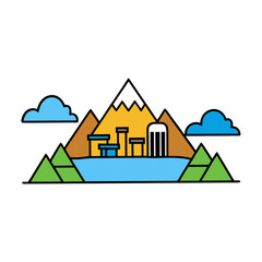 Vibrant geometric landscape illustration with mountains river and buildings scalable vector art