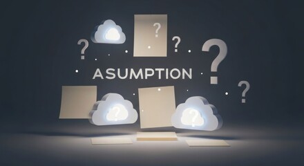3D render 'ASUMPTION' surrounded by question marks, clouds, blank notes. Uncertainty concept