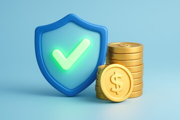 3D render blue shield, green checkmark, golden dollar coin stacks, financial security