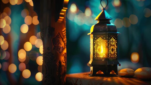 A captivating scene of a golden lantern glowing in the darkness with strings of lights twinkling behind it on a wooden surface.