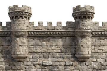 Ancient stone fortress towers and battlements castle isolated on a transparent background