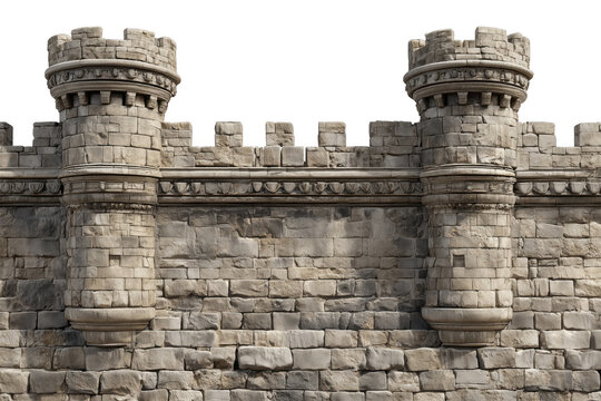 Ancient stone fortress towers and battlements castle isolated on a transparent background