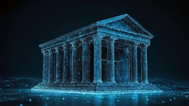 A neon blue digital rendering of an ancient Greek temple with tall columns and a triangular pediment.
