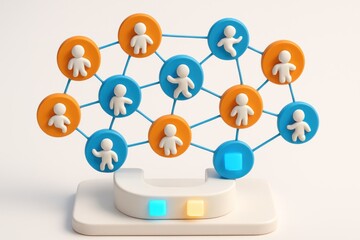 3D render of white figures in orange/blue circles interconnected by lines, network