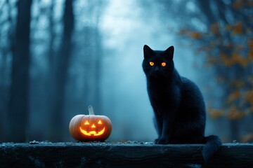 black cat with glowing eyes sitting on carved pumpkin, foggy forest background