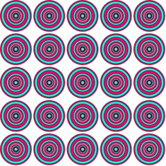 Naklejka premium “Vibrant geometric seamless pattern of concentric circles in cyan and magenta tones on a white background. The bold optical design creates a playful retro-futuristic aesthetic, perfect for fashion .