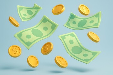 3D rendered stylized green banknotes and gold coins floating on a blue background