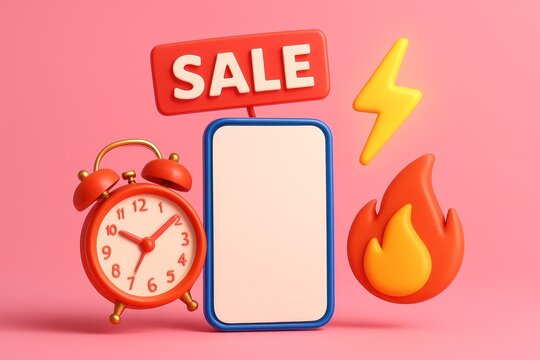 3D rendered phone with blank screen, 'SALE' sign, alarm, lightning, and flame on pink